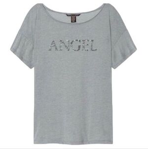 NWT Victoria Secret Gray Ruffle Short Sleeve Silver Sequins Angel Spell Out Top